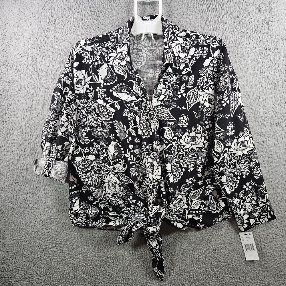 NEW Calessa Shirt Top Women XL Tie Front Floral Print Button Up Black White